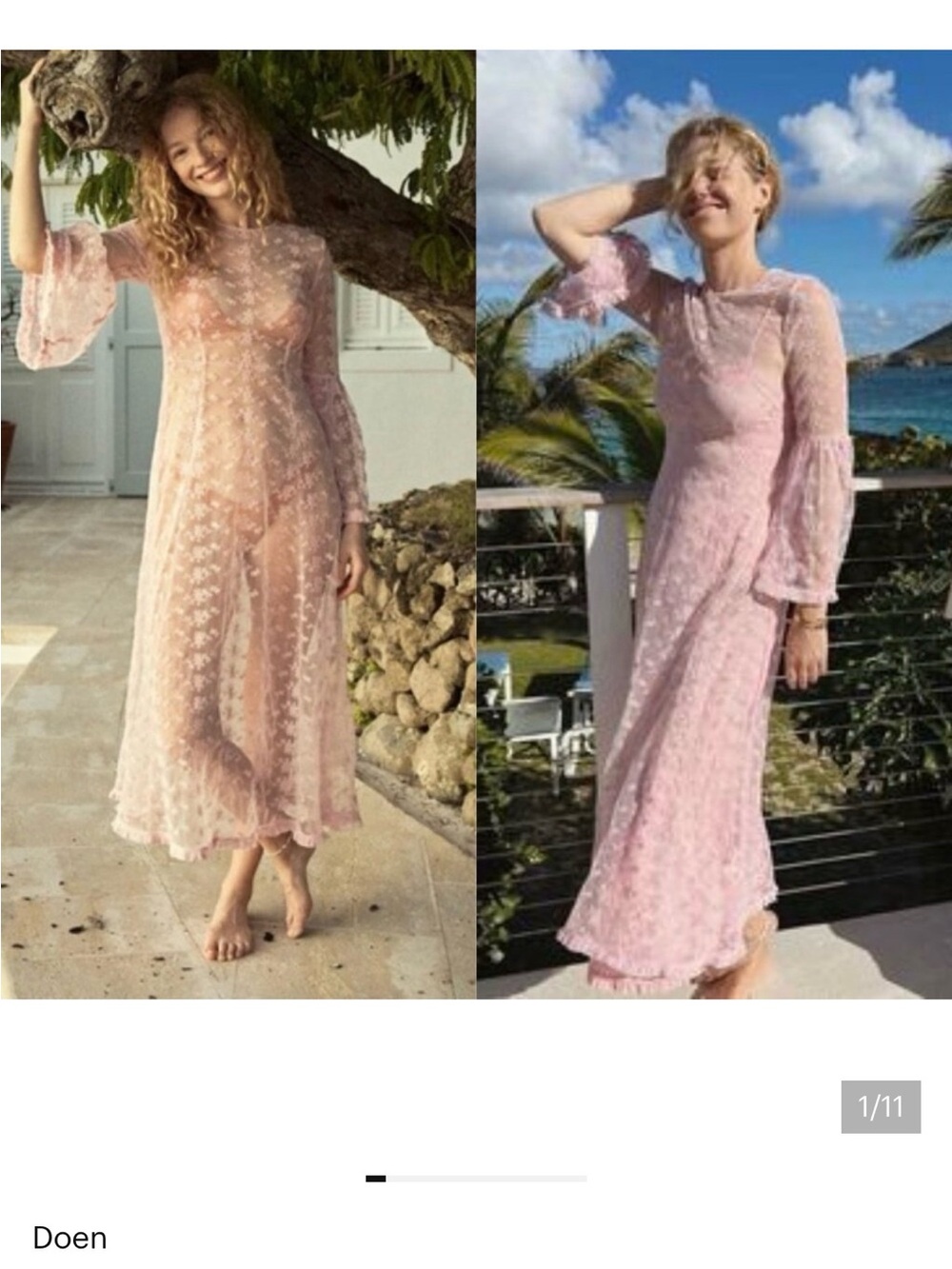 Doen Sheer Pink Lace Midi Dress with Bell Sleeves